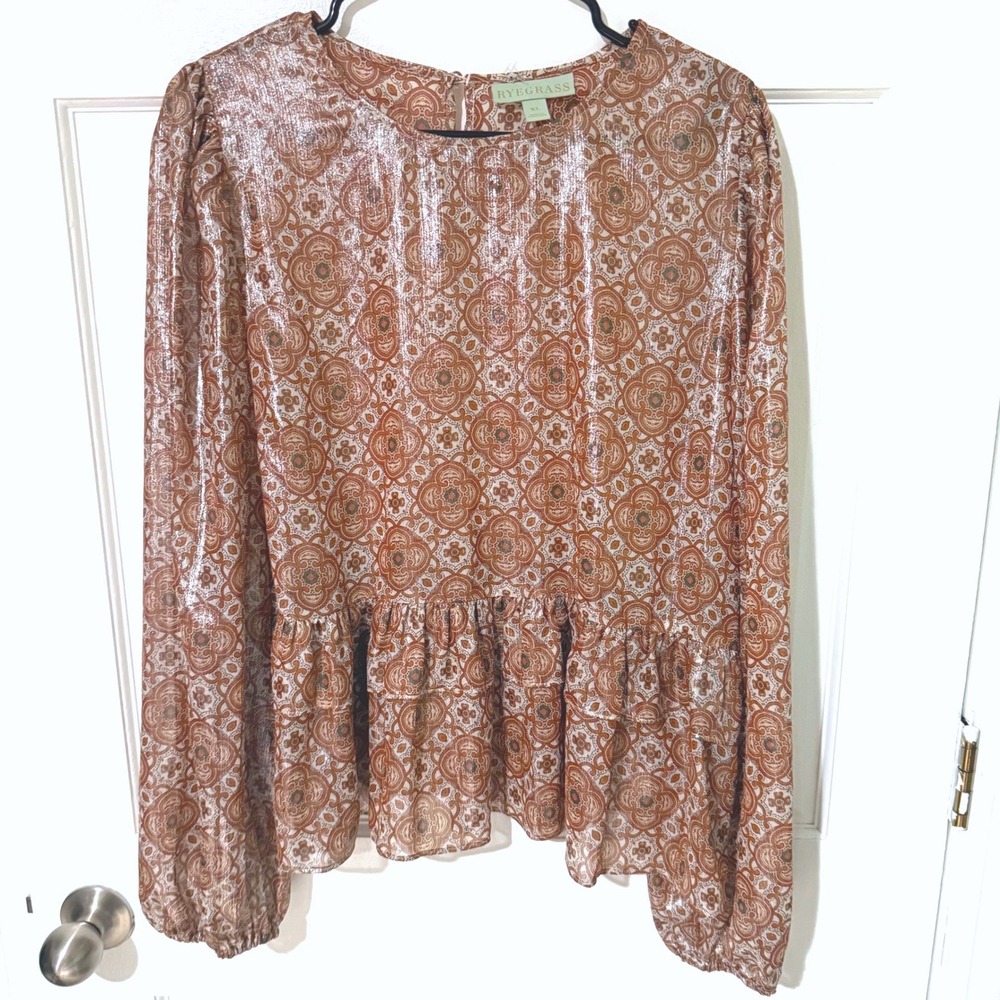 Ryegrass Womens XL Metallic Medallion Peplum Blouse Copper Brown Long Sleeve